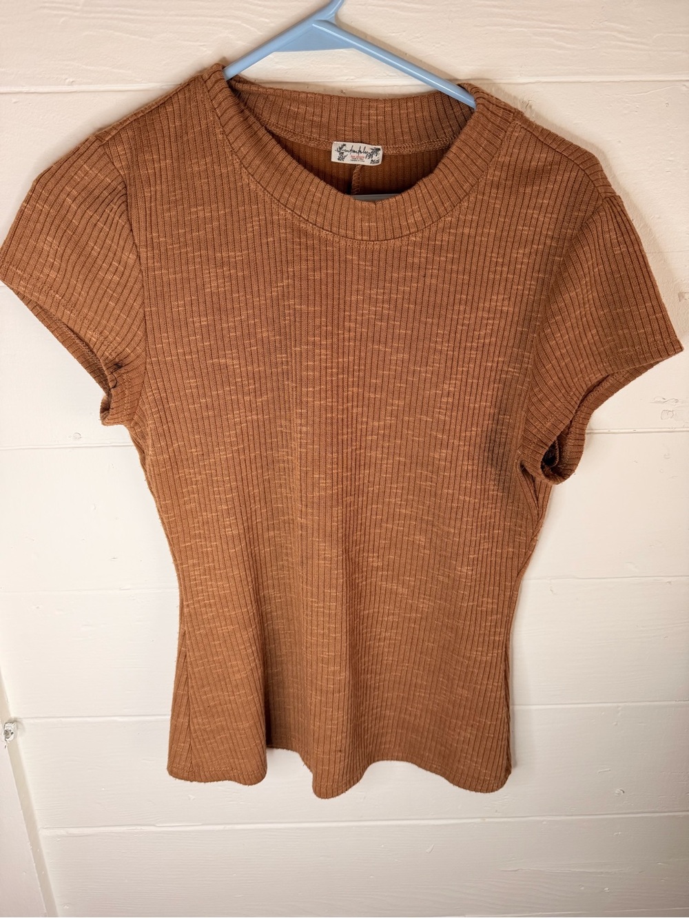 Free People Ribbed Crewneck Short Sleeve Mock Turtleneck Top - Marigold